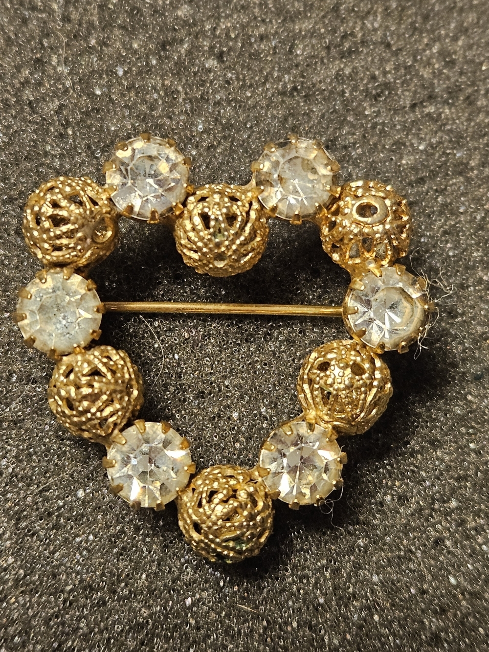 Vintage Gray Rhinestone Gold Tone Intricate Bead Ball Open Heart Brooch Pin.
